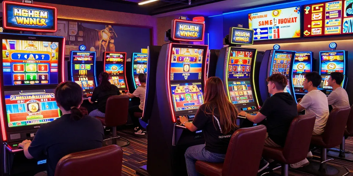 Excited players engaging with slot online machines in a vibrant casino setting