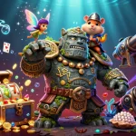 Gambarkan situs hk pools dengan golem raksasa, peri, dan hamster ksatria dalam permainan slot.