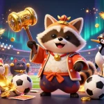Experience sbobet resmi with a cheerful tanuki and colorful characters in an exciting sports betting scene.