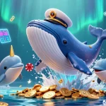 Engage with Tips Slot strategies through a vibrant 3D illustration of a whale, narwhal, and dolphins amid slots.