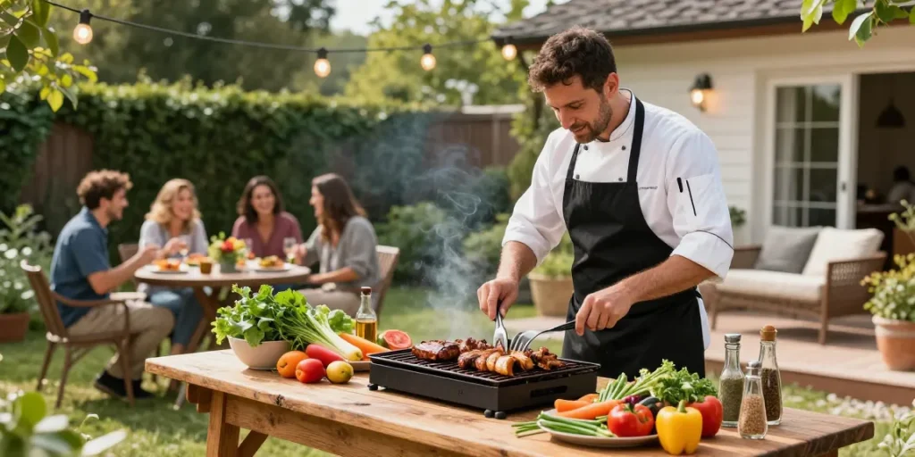 Menyiapkan hidangan BBQ dengan BOS 88 di kebun belakang untuk pesta musim panas.