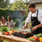 Menyiapkan hidangan BBQ dengan BOS 88 di kebun belakang untuk pesta musim panas.