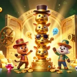 Ikuti permainan situs toto dengan ilustrasi simbol kasino yang kaya, menampilkan karakter kartun 3D.