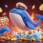 Engage with situs Slot featuring a majestic whale and playful dolphins amidst slot reels and neon cryptocurrency coins.
