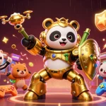 Permainan slot gacor menampilkan panda emas dalam kostum mecha dengan robot bertarung di arena.