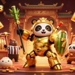 Bolaslot88 Login action scene showcasing a mech-suit golden panda among dynamic casino elements for thrilling gameplay.
