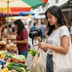 Belanja di pasar lokal dengan menggunakan tas ramah lingkungan, menggambarkan Leci123 dalam konteks budaya Indonesia.