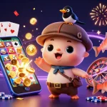 Play and win with Sc88, showcasing diverse casino elements and characters in a vibrant, festive setting.
