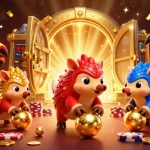Aktivitas mendebarkan di slot gacor dengan pangolin berjuang melalui tumpukan chip poker dan bola emas.