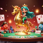 Visualisasi putri duyung yang menunggang kuda laut sambil memainkan toto togel dengan suasana kasino.