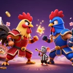 Memenangkan angka di densustoto dengan pertarungan ayam kartun, simbol kasino, dan efek lampion yang bercahaya.