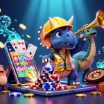Triceratops di situs toto menampilkan permainan slot yang penuh warna dan tumpukan chip poker.