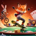 Socolive brings to life a vibrant scene of a skateboarder fox and BMX rabbit in an electrifying casino setting.