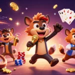Slot Gacor menampilkan karakter hyena di kasino, mencampurkan koin emas dan batu permata yang bersinar.