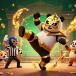 Gambar slot gacor dengan panda bertarung, merayakan kemenangan di arena kasino yang megah.