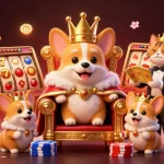 Slot reels berputar di situs slot gacor dengan karakter kartun corgi dan elemen meriah.