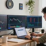 Cryptocurrency trading with Hyperliquid referral code (8000USDT) on modern screens in home office